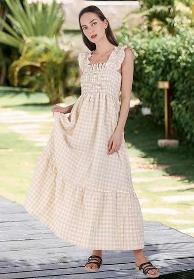 Vestido Largo Vintage de Cuadros con Canesú y Tirantes Finos para Mujer
